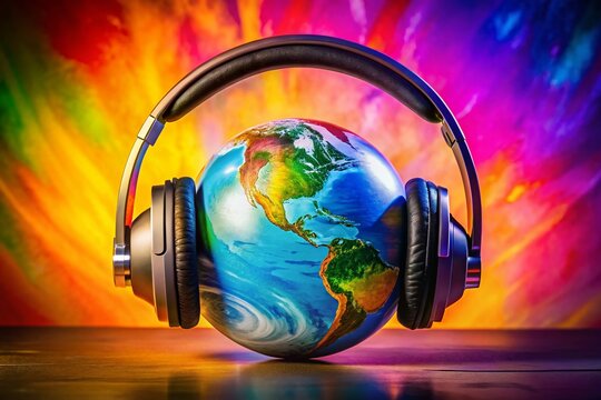 Panoramic World Globe with Headphones: Global Music Concept