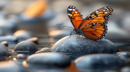 Obraz premium Monarch butterfly resting on smooth grey stone in shallow water, sunset.