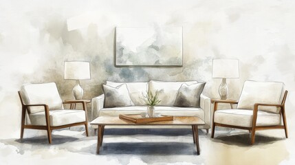 A white sofa is in the middle of a room with two chairs on either side. A coffee table is in front of the sofa