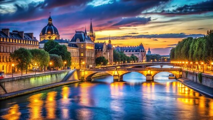 Fototapeta premium Parisian Nightscape: Right Bank, Courthouse & Seine River Illumination
