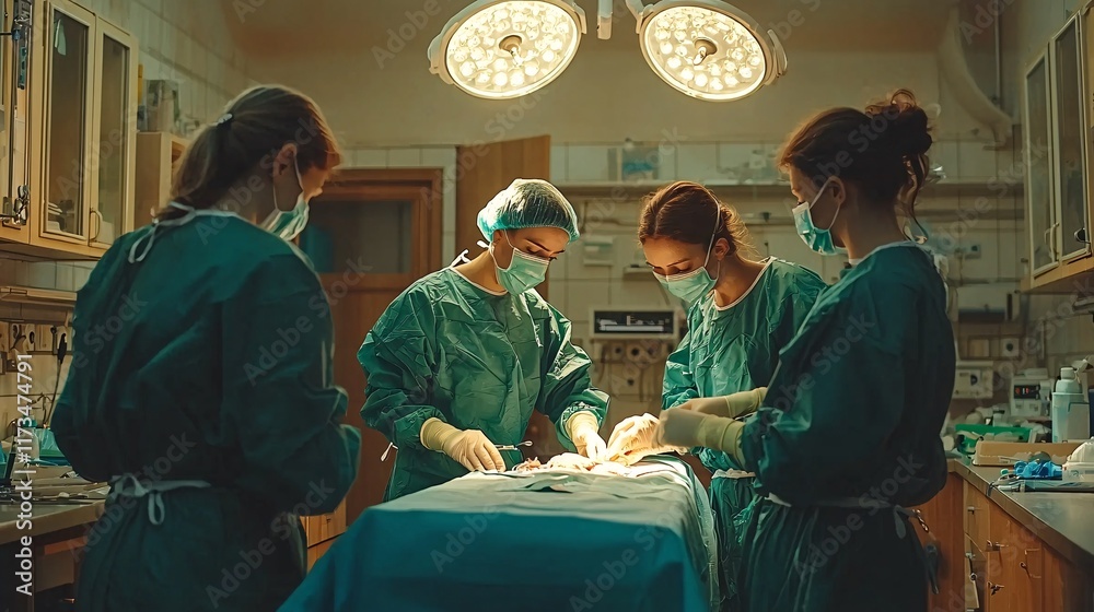 Poster operating room team assisting in a procedure involving wound closure stock photo with side copy spac