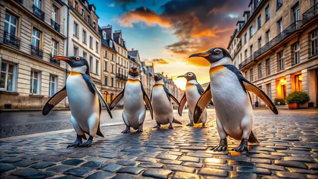 Parisian Penguin Family Stroll: Adorable Penguins Walking in Paris