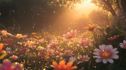 Golden sunlight shining on a field of wildflowers