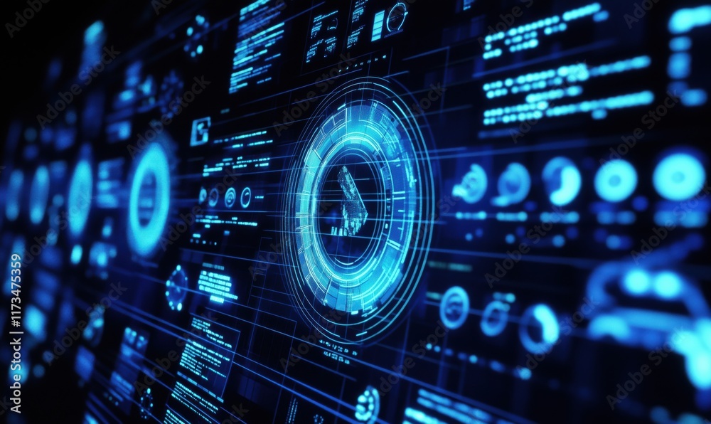 Poster futuristic digital interface with glowing blue data visualizations, graphs, and circular elements sh