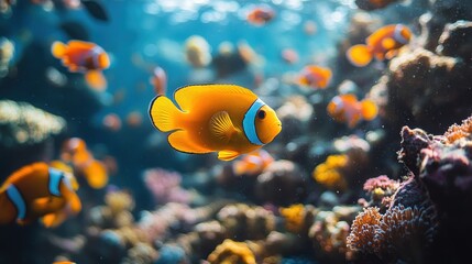 Obraz premium Vibrant orange clownfish swim among coral reef.