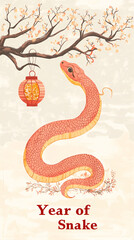 Vertical Chinese New Lunar Year card featuring a red snake, golden-accented lantern, and "Year of the Snake" text with intricate vines