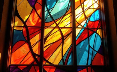A vibrant abstract stained glass window, showcasing a kaleidoscope of colors and intricate patterns.