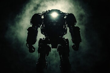 Fototapeta premium Robot is standing in a dark room with a foggy atmosphere. The robot is lit up, creating a mysterious and eerie mood