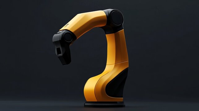A modern yellow robotic arm against a black background, highlighting cutting-edge industrial automation and technology.