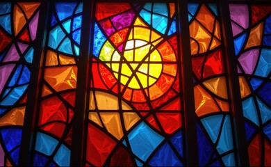 Fototapeta premium A vibrant abstract stained glass window, showcasing a kaleidoscope of colors and intricate patterns.