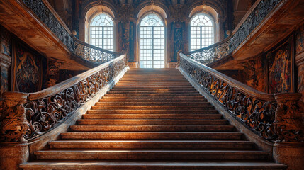 Grand wooden staircase in palace hall with ornate iron railings, stained-glass windows, sunlit