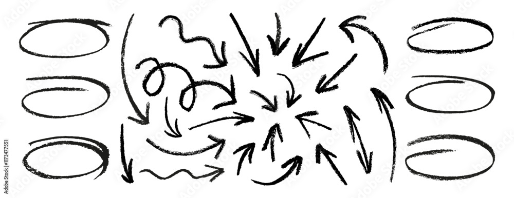 Fototapete set of black charcoal ovals and arrows strokes different forms. design elements on white background.