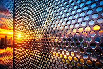 Perforated Stainless Steel Facade: Double Exposure Architectural Texture Stock Photo
