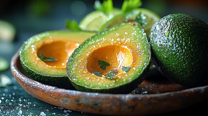 Halved avocados with lime and salt on rustic plate.