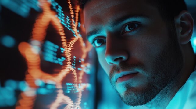 A laboratory technician analyzing genetic data on a transparent screen, DNA sequences glowing in the background