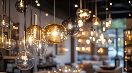 A lighting store with innovative light fixtures on display, featuring contemporary and energy-saving designs