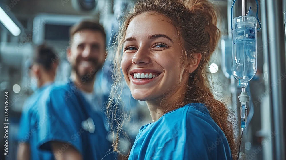 Poster postoperative care team inspecting the function of a surgical drainage system stock photo with side 