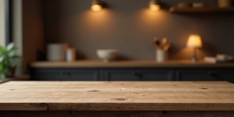 Warm Lighting Illuminates a Rustic Wooden Tabletop in a Cozy Kitchen Setting