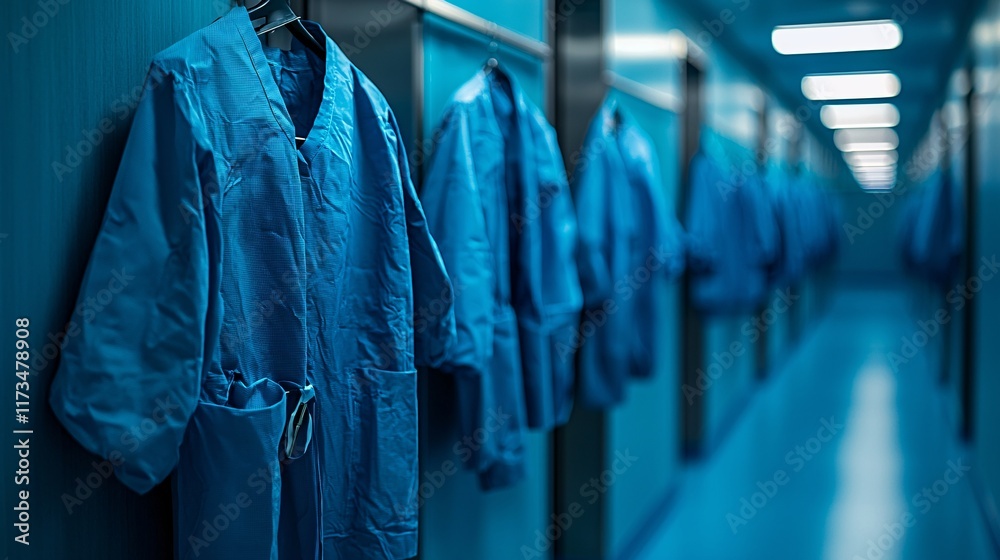 Poster surgical gowns neatly arranged in a sterile operating room stock photo with side copy space