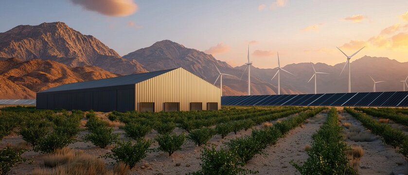 A modern agricultural landscape featuring an industrial greenhouse, solar panels, and wind turbines set against a mountainous backdrop at sunset.