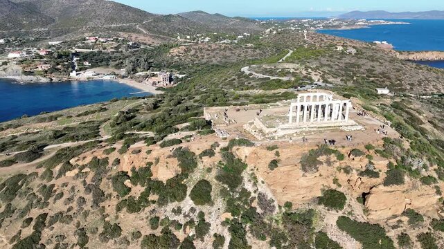 Aerial view of Temple of Poseidon, Sounion, Attica, Greece