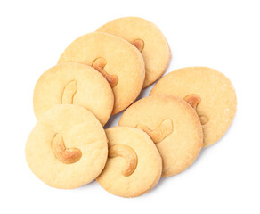 Tasty cashew cookies isolated on white, top view