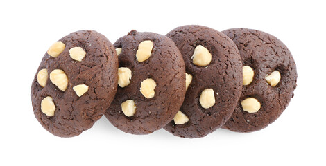 Tasty chocolate cookies with hazelnuts isolated on white, top view