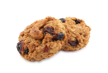 Delicious oatmeal cookies with dried cranberries and nuts isolated on white
