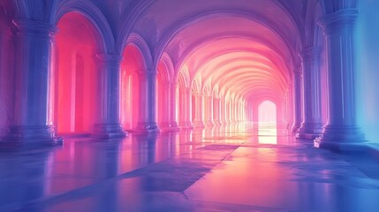 Mesmerizing Archway Passage with Glowing Marble Columns and Reflective Floors
