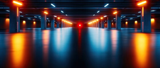 A futuristic parking garage with vibrant blue and orange lights reflecting off the polished floor, creating a dynamic and atmospheric scene.