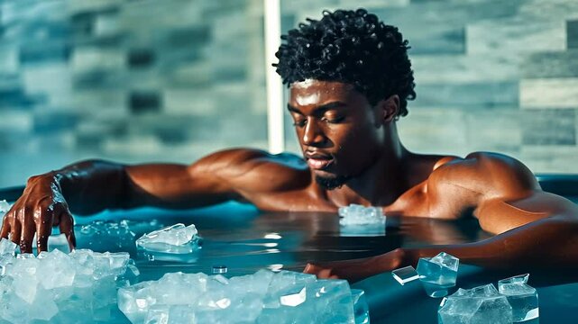 A young Black man, with a muscular build, immerses himself in an ice bath, reflecting serenity and focus. The bright ambiance highlights his determination during a wellness routine, promoting