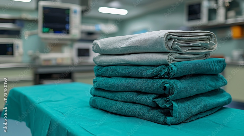Poster surgical gowns being disposed of properly after a medical procedure stock photo with side copy space