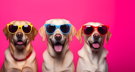 Obraz premium Creative animal concept. Group of Labrador Retriever dog puppy friends in sunglass shade glasses isolated on solid background, commercial, editorial advertisement, copy text space 
