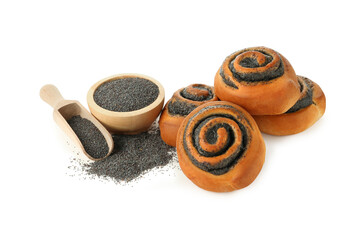 Tasty buns with poppy seeds, bowl and scoop isolated on white