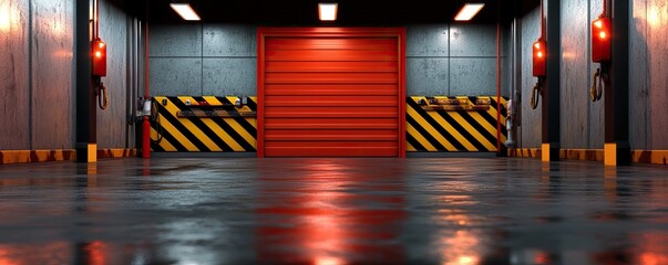 A modern industrial space featuring a red garage door, reflective flooring, and striking yellow-black hazard stripes along the walls.