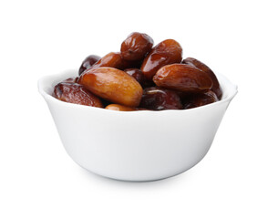 Tasty dried dates in bowl isolated on white