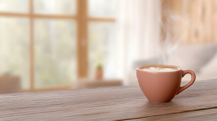 Steaming latte art coffee cup on wooden table, cozy home background, relaxation and comfort, ideal for websites and blogs.