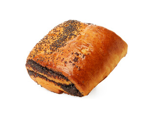 One tasty bun with poppy seeds in air isolated on white