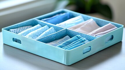 Surgical gowns and masks arranged in a sterile tray for quick access Stock Photo with side copy space