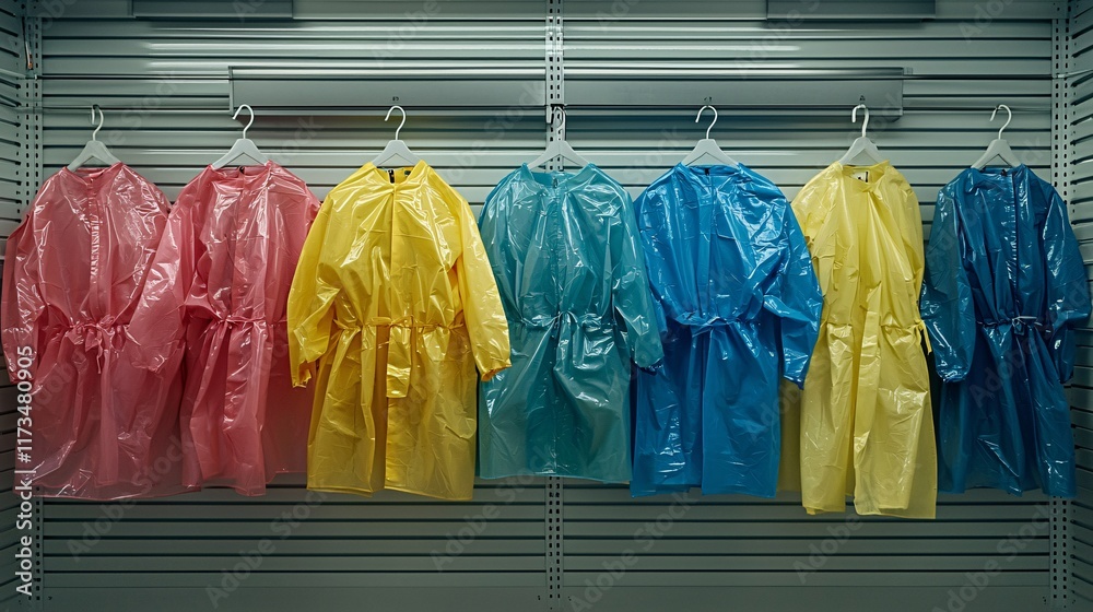 Poster surgical gowns in various sizes displayed in a hospitals storage room stock photo with side copy spa