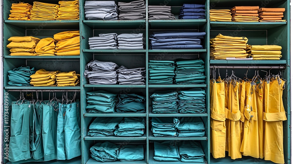 Poster surgical gowns in various sizes displayed in a hospitals storage room stock photo with side copy spa