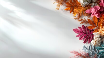 A vibrant arrangement of colorful dried flowers and leaves on a light background, creating a stylish and natural decorative element.