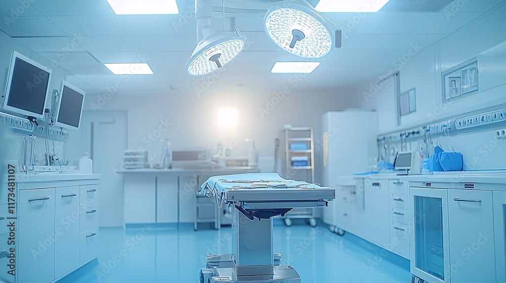 Aufkleber surgical instruments arranged on a sterile tray in the operating room stock photo with side copy spa