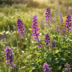 Fototapeta premium Purple Medicago sativa flowers in a sunny meadow, nature scenes, alfalfa
