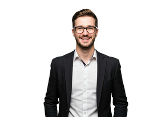 A professional young man with short brown hair, wearing glasses, a black blazer, and a white shirt, standing with hands in his pockets isolated on transparent background