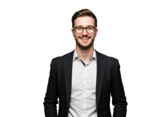 A professional young man with short brown hair, wearing glasses, a black blazer, and a white shirt, standing with hands in his pockets isolated on transparent background