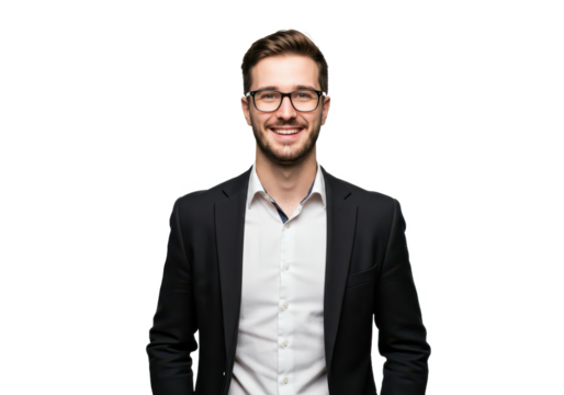 A professional young man with short brown hair, wearing glasses, a black blazer, and a white shirt, standing with hands in his pockets isolated on transparent background