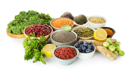 Superfood. Different healthy food products isolated on white