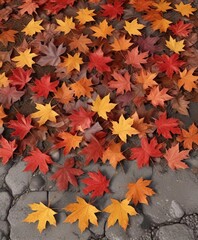 Red and brown maple leaves scattered on the ground with a hint of orange, maple leaves, orange, autumn leaves