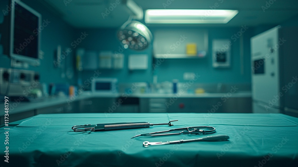 Poster Surgical instruments displayed neatly on a sterile surgical table Stock Photo with side copy space